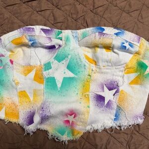 SHEIN White Multi-Color Star Print Strapless Crop Top